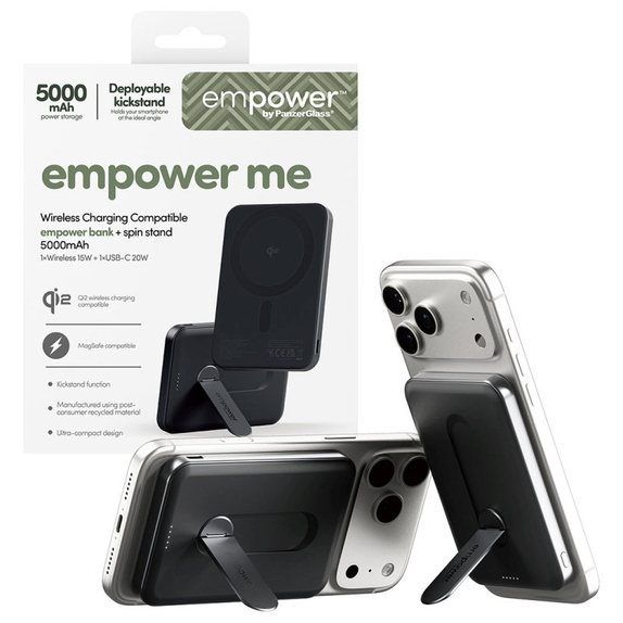 PowerBank wireless 5000 mAh, con supporto rotante 20 W, compatibile con MagSafe, Qi2/USB-C, Black spazio, empower