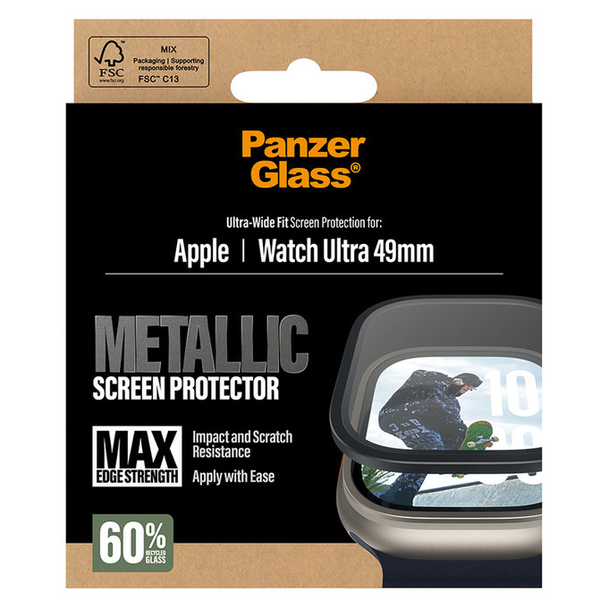 Vetro temperato UWF METALLIC per Apple Watch Ultra 49 mm, Nero, PanzerGlass