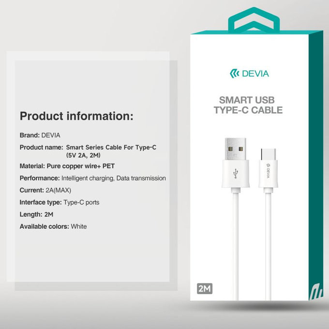 Cavo USB / USB-C Smart, 2.1A, 2m, White, Devia
