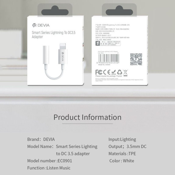Adattatore Smart Jack 3,5mm / Lightning, White, Devia