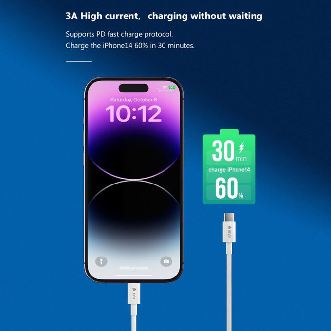 Cavo Lightning / USB-C Smart, PD 27W, 2m, White, Devia