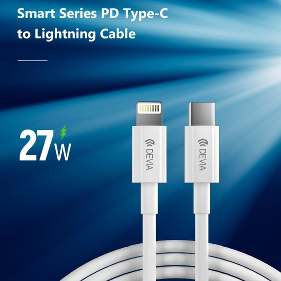 Cavo Lightning / USB-C Smart, PD 27W, 2m, White, Devia