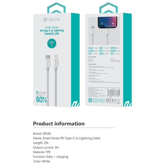 Cavo Lightning / USB-C Smart, PD 27W, 2m, White, Devia
