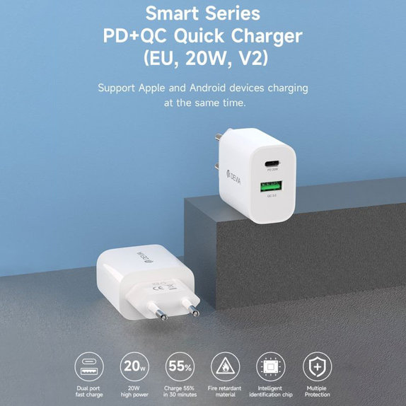 Adattatore di ricarica Smart USB-C e USB-A, PD 20W, White, Devia
