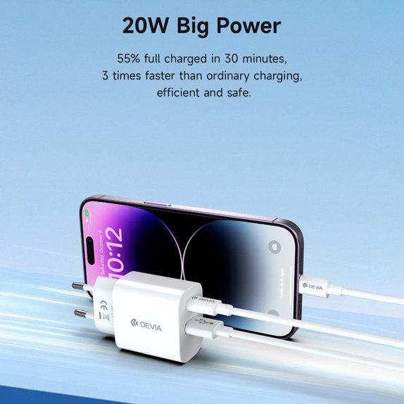 Adattatore di ricarica Smart USB-C e USB-A, PD 20W, White, Devia