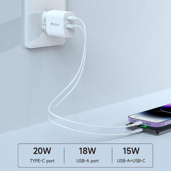 Adattatore di ricarica Smart USB-C e USB-A, PD 20W, White, Devia