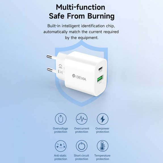 Adattatore di ricarica Smart USB-C e USB-A, PD 20W, White, Devia