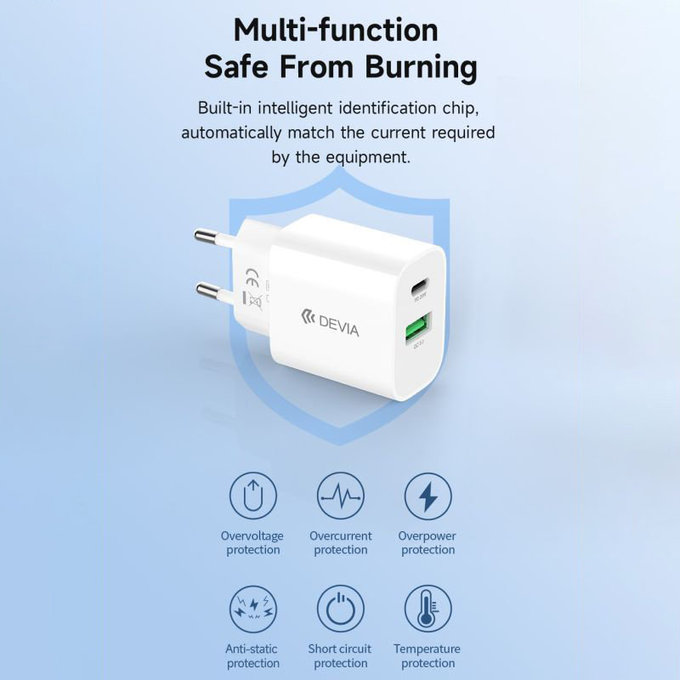 Adattatore di ricarica Smart USB-C e USB-A, PD 20W, White, Devia