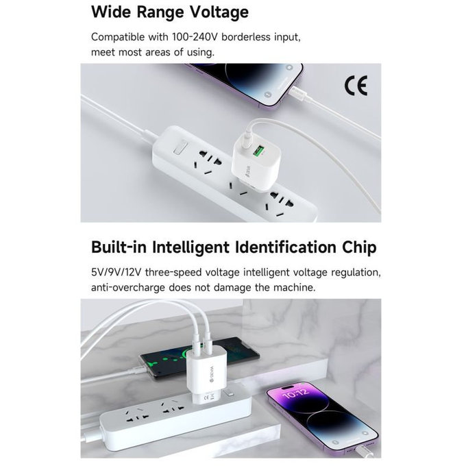 Adattatore di ricarica Smart USB-C e USB-A, PD 20W, White, Devia
