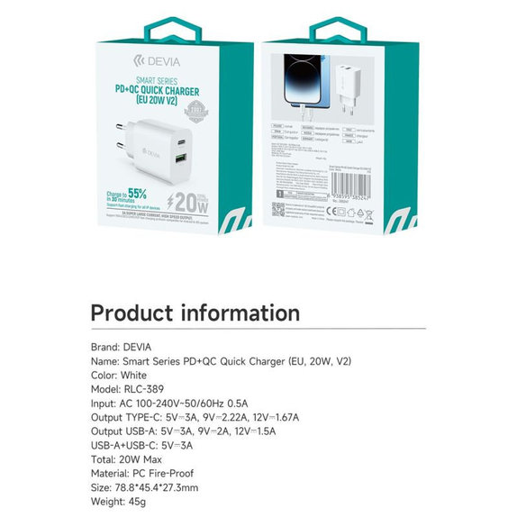 Adattatore di ricarica Smart USB-C e USB-A, PD 20W, White, Devia