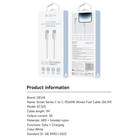 Cavo USB-C / USB-C Smart, PD 60W, 1m, White, Devia