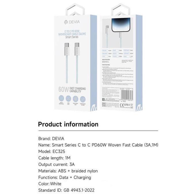 Cavo USB-C / USB-C Smart, PD 60W, 1m, White, Devia