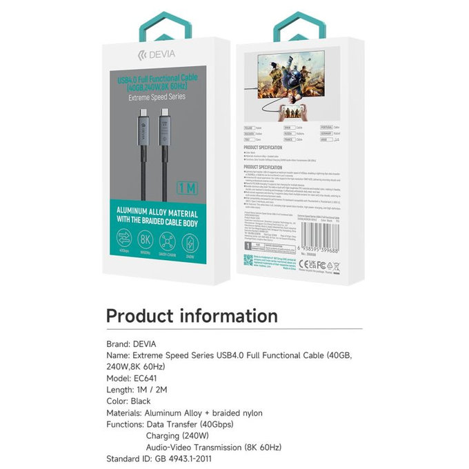 Cavo USB-C / USB-C Extreme Speed, 240W, 8K 60Hz, 1m, Black, Devia