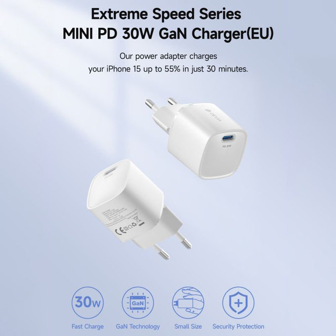 Adattatore di ricarica Mini USB-C, PD 30W, White, Devia
