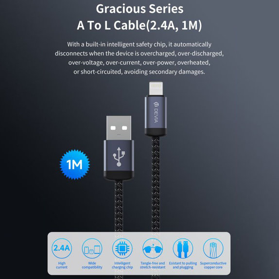 Cavo Lightning / USB Gracious, 2.4A, 1m, Black, Devia