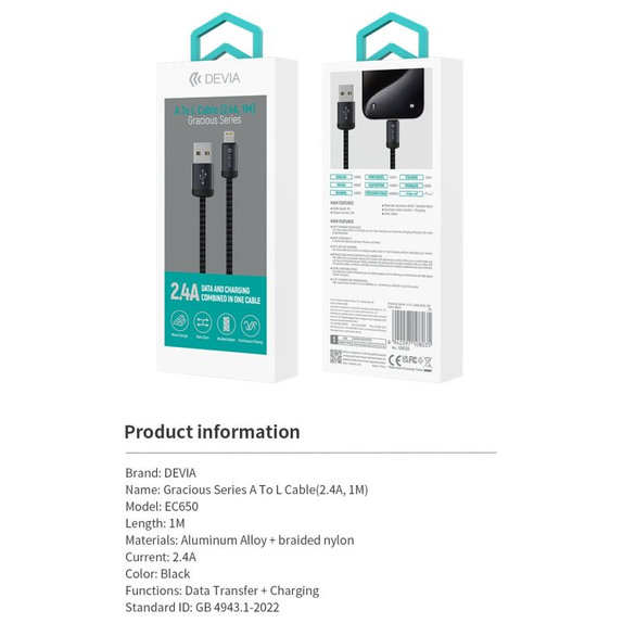 Cavo Lightning / USB Gracious, 2.4A, 1m, Black, Devia
