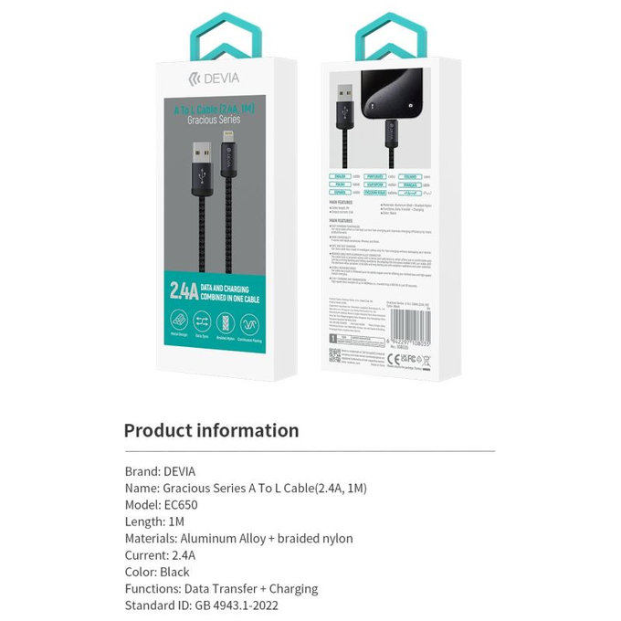 Cavo Lightning / USB Gracious, 2.4A, 1m, Black, Devia