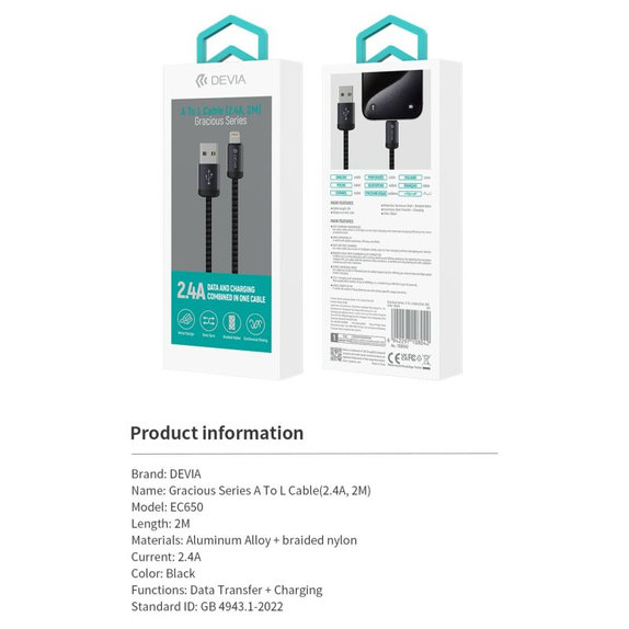 Cavo Lightning / USB Gracious, 2.4A, 2m, Black, Devia