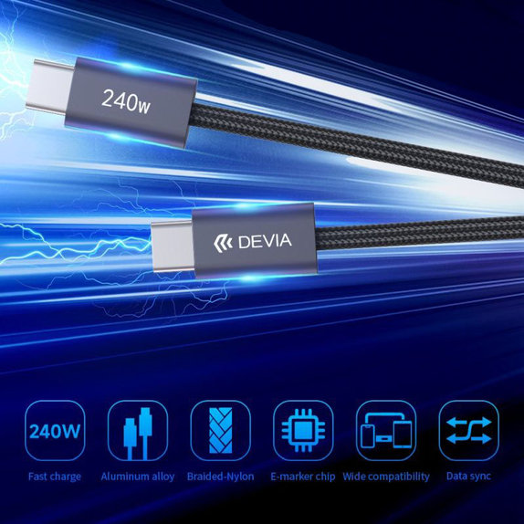 Cavo USB-C / USB-C Extreme Speed, PD 240W, 2m, Black, Devia