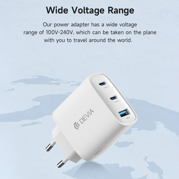 Adattatore di ricarica Extreme Speed, 2x USB-C e USB-A, PD 65W, White, Devia