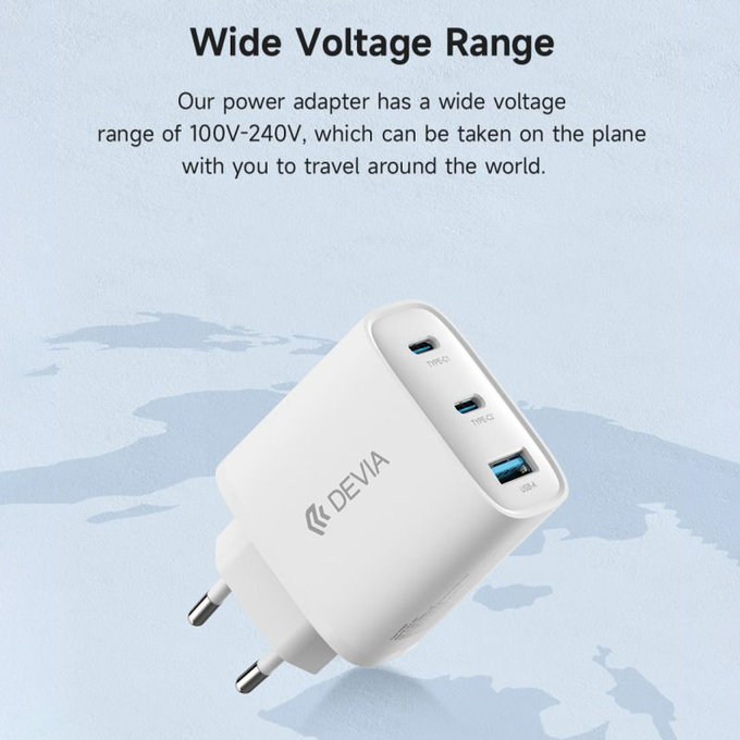 Adattatore di ricarica Extreme Speed, 2x USB-C e USB-A, PD 65W, White, Devia