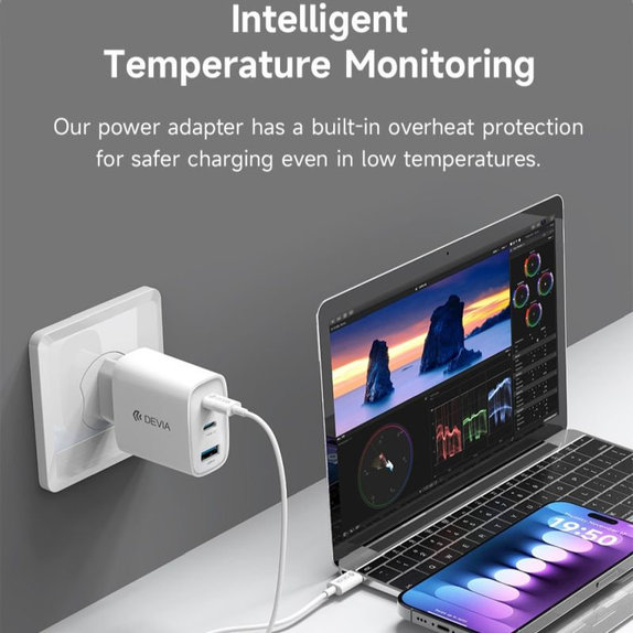 Adattatore di ricarica Extreme Speed, 2x USB-C e USB-A, PD 65W, White, Devia