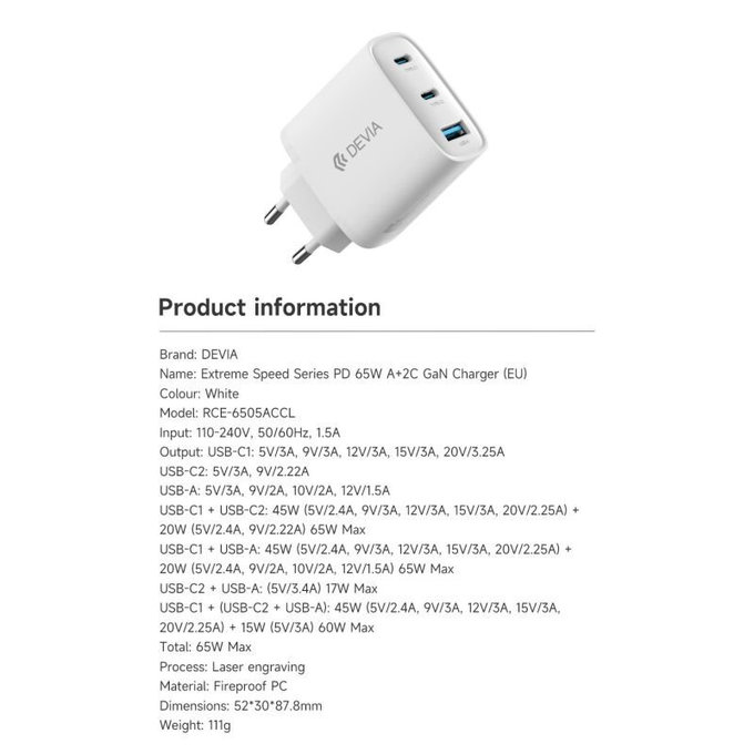 Adattatore di ricarica Extreme Speed, 2x USB-C e USB-A, PD 65W, White, Devia