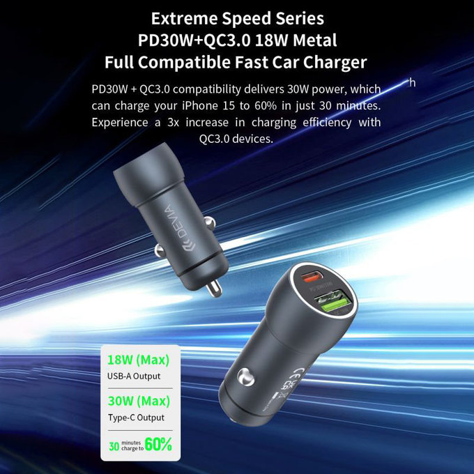 Caricabatterie da auto Extreme Speed USB-C e USB-A, PD 30W, QC 3.0 18W, Grey, Devia