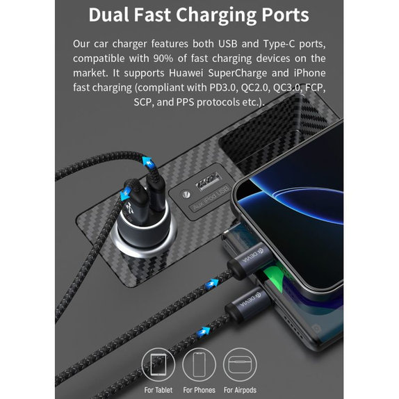 Caricabatterie da auto Extreme Speed USB-C e USB-A, PD 30W, QC 3.0 18W, Grey, Devia