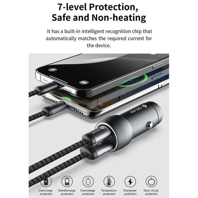 Caricabatterie da auto Extreme Speed USB-C e USB-A, PD 30W, QC 3.0 18W, Grey, Devia