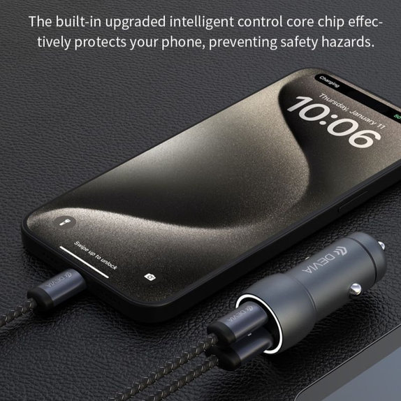 Caricabatterie da auto Extreme Speed USB-C e USB-A, PD 30W, QC 3.0 18W, Grey, Devia