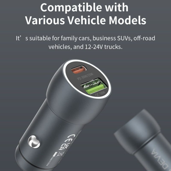 Caricabatterie da auto Extreme Speed USB-C e USB-A, PD 30W, QC 3.0 18W, Grey, Devia