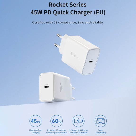 Adattatore di ricarica Rocket USB-C, PD 45W, White, Devia