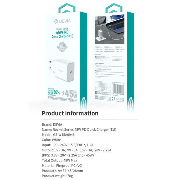 Adattatore di ricarica Rocket USB-C, PD 45W, White, Devia