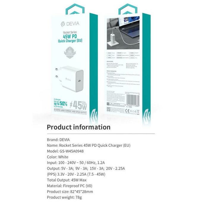 Adattatore di ricarica Rocket USB-C, PD 45W, White, Devia