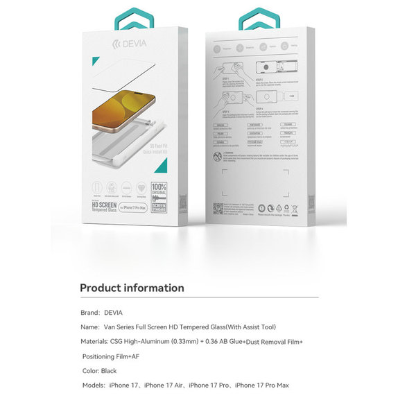 Vetro temperato FullCover con applicatore per iPhone 17, Devia