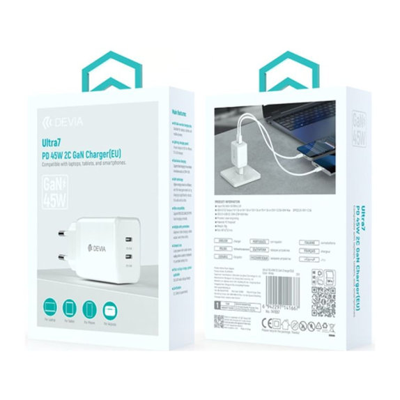 Adattatore di ricarica Ultra7, 2x USB-C, PD 45W, White, Devia