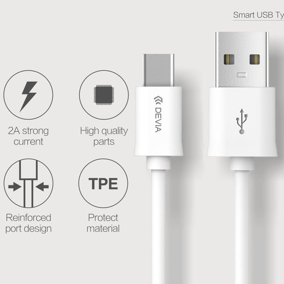 Cavo USB / USB-C Smart, 2.1A, 1m, White, Devia