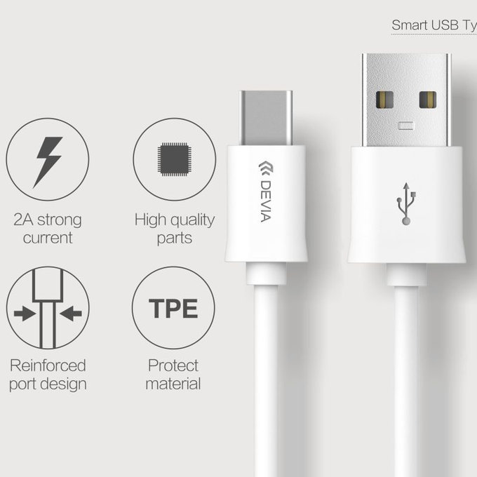 Cavo USB / USB-C Smart, 2.1A, 1m, White, Devia
