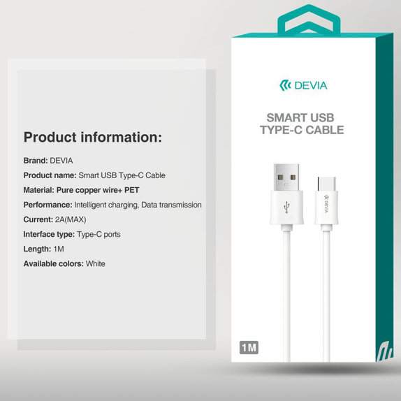 Cavo USB / USB-C Smart, 2.1A, 1m, White, Devia