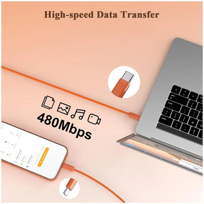 Cavo USB-C / USB-C con ricarica rapida, PD 60W, 1m, Orange