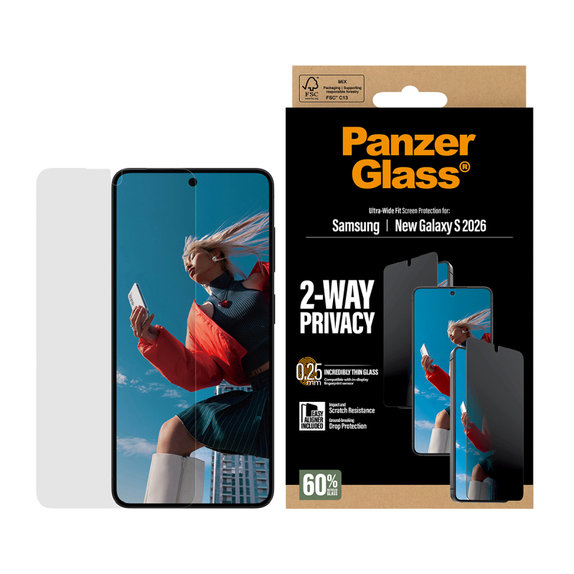 Vetro temperato privacy UWF 2-Way con applicatore per Samsung S26, Clear, PanzerGlass