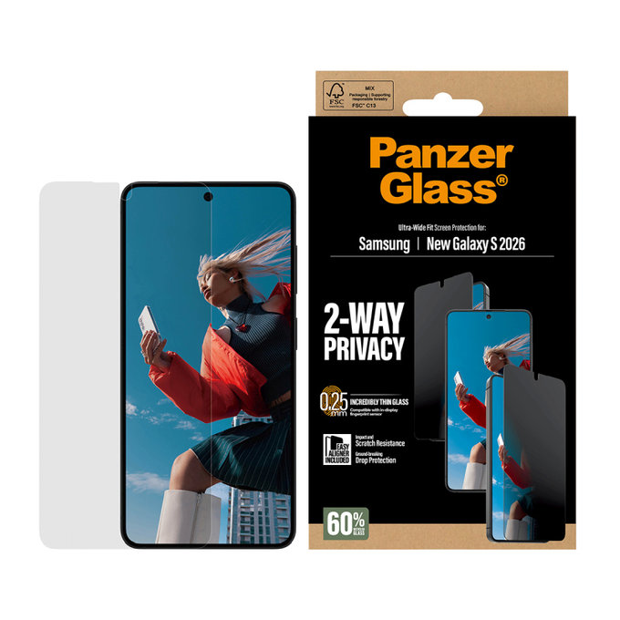Vetro temperato privacy UWF 2-Way con applicatore per Samsung S26, Clear, PanzerGlass