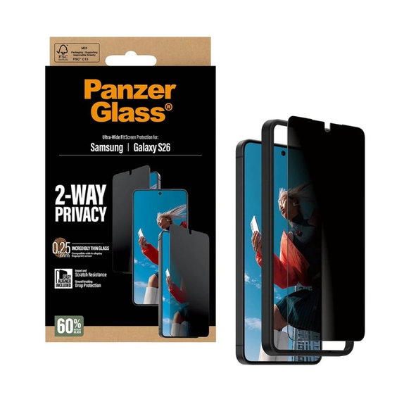 Vetro temperato privacy UWF 2-Way con applicatore per Samsung S26, Clear, PanzerGlass