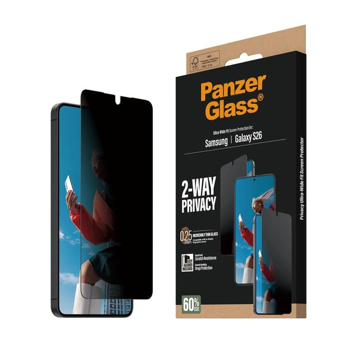 Vetro temperato privacy UWF 2-Way con applicatore per Samsung S26, Clear, PanzerGlass