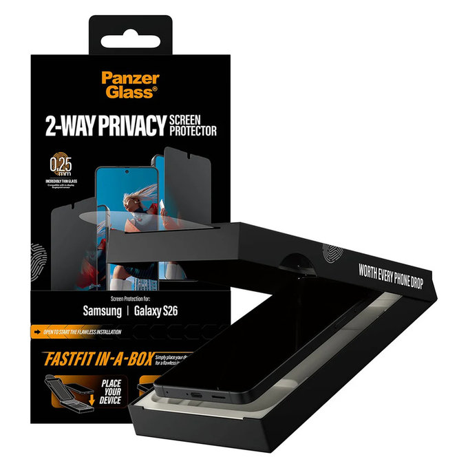 Vetro temperato UWF 2-Way Privacy con FASTFIT In-A-Box per Samsung Galaxy S26, Trasparente, PanzerGlass