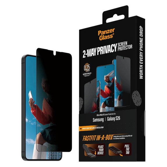 Vetro temperato UWF 2-Way Privacy con FASTFIT In-A-Box per Samsung Galaxy S26, Trasparente, PanzerGlass