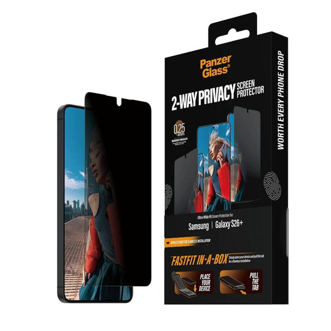 Vetro temperato UWF 2-Way Privacy con FASTFIT In-A-Box per Samsung S26+, Clear, PanzerGlass
