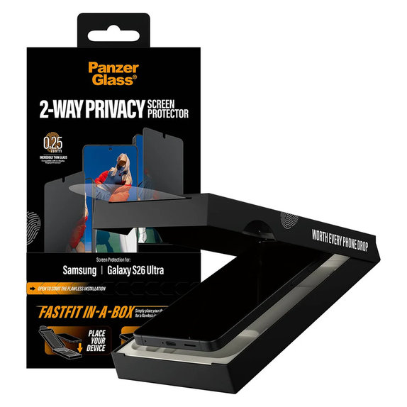 Vetro temperato UWF 2-Way Privacy con FASTFIT In-A-Box per Samsung Galaxy S26 Ultra, Trasparente, PanzerGlass