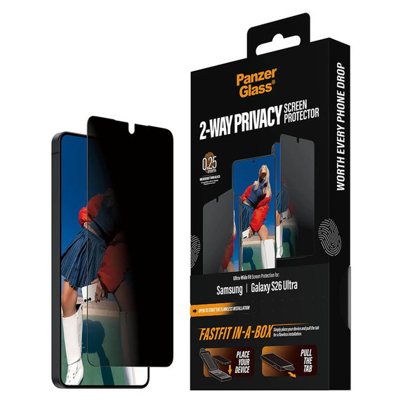Vetro temperato UWF 2-Way Privacy con FASTFIT In-A-Box per Samsung Galaxy S26 Ultra, Trasparente, PanzerGlass